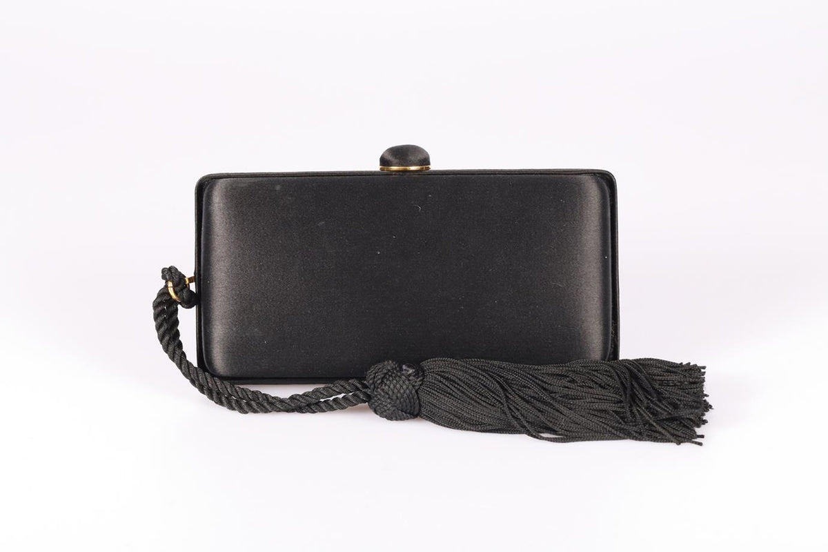 ASPREY TASSELED SATIN AND GOLD TONE CLUTCH