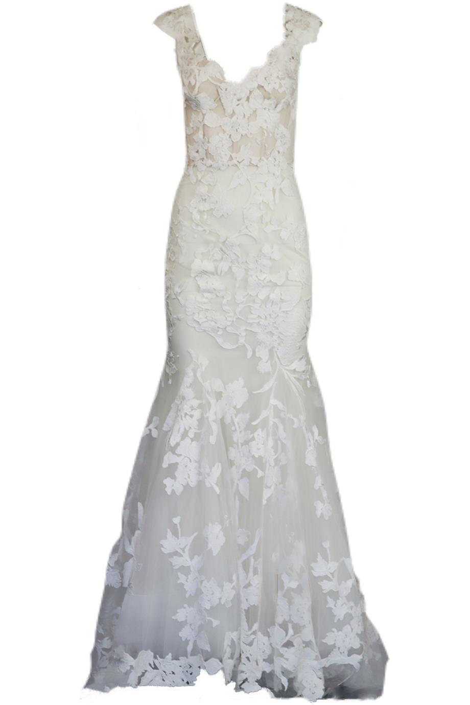 MONIQUE LHUILLIER FLORAL APPLIQUÉD TULLE AND SILK WEDDING GOWN US 8 UK 12