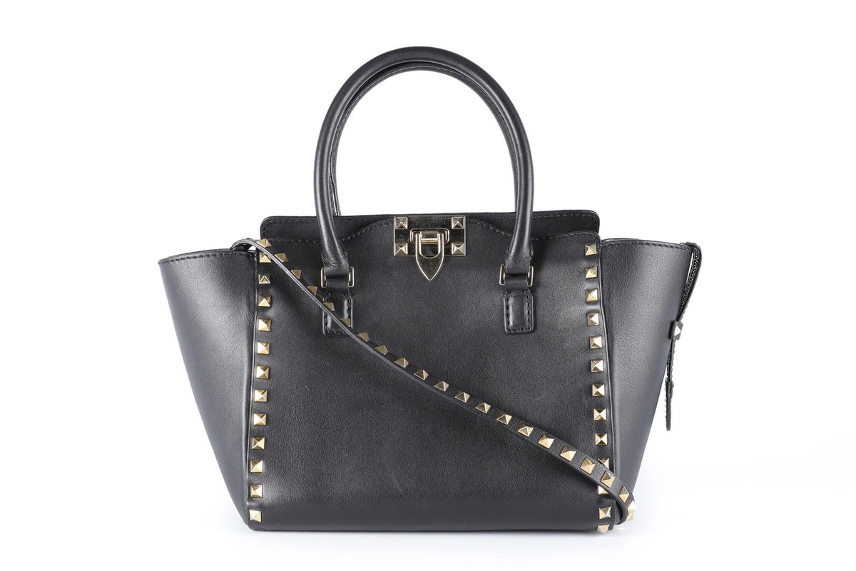 VALENTINO GARAVANI BLACK ROCKSTUD SMALL LEATHER TOTE BAG