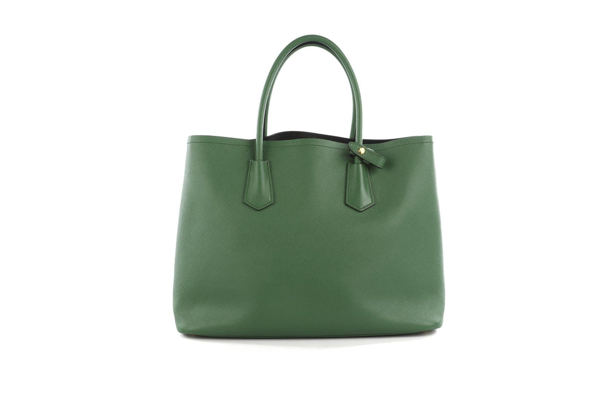 PRADA GREEN DOUBLE MEDIUM SAFFIANO LEATHER TOTE BAG