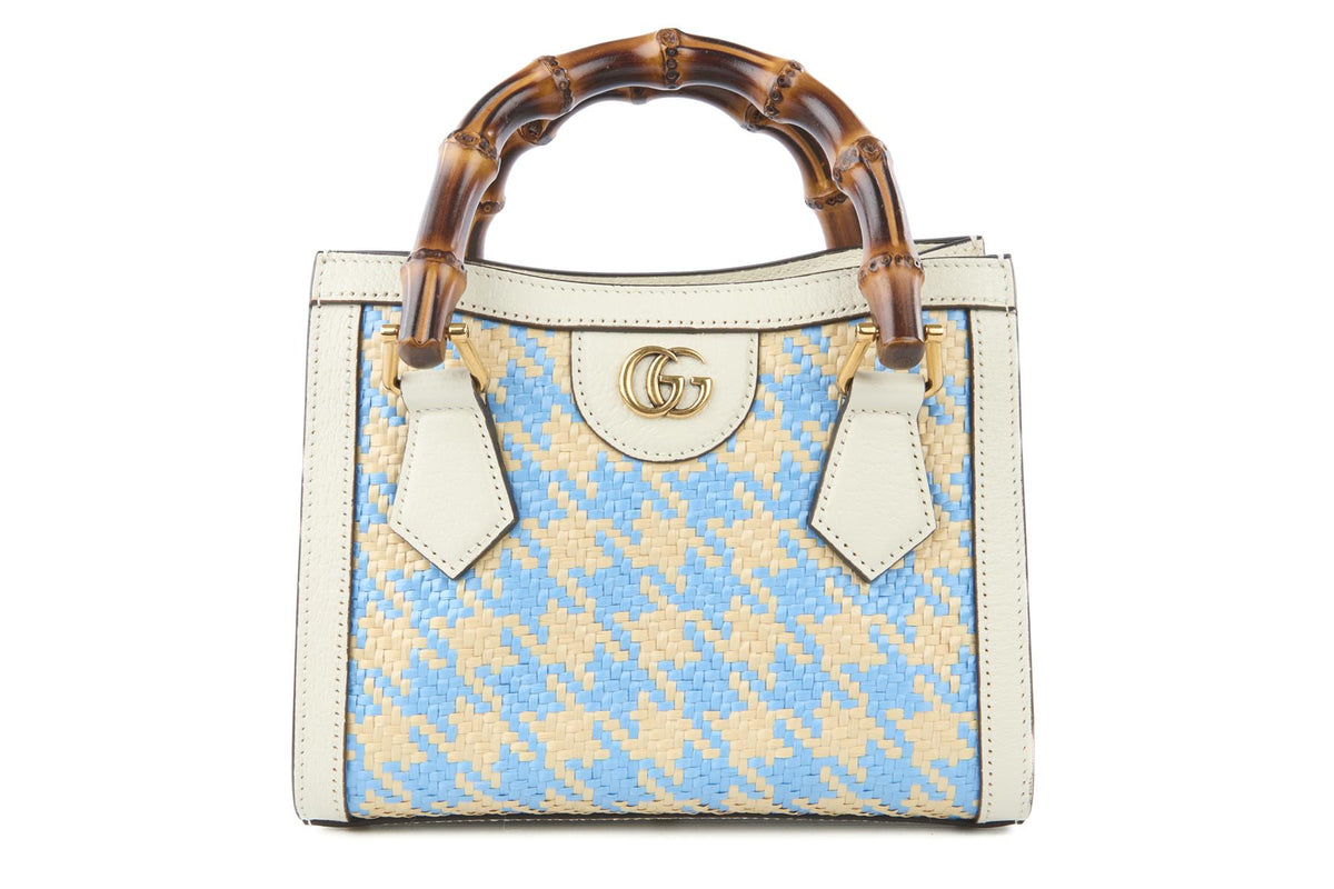GUCCI BLUE DIANA MINI RAFFIA TOTE BAG