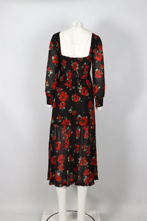 RIXO RED, BLACK AND GREEN FLORAL PRINT CREPE MIDI DRESS UK 12