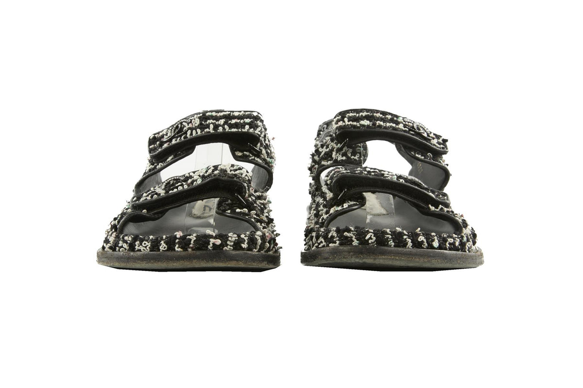 CHANEL BLACK 2022 DAD TWEED SANDALS EU 38.5 UK 5.5 US 8.5