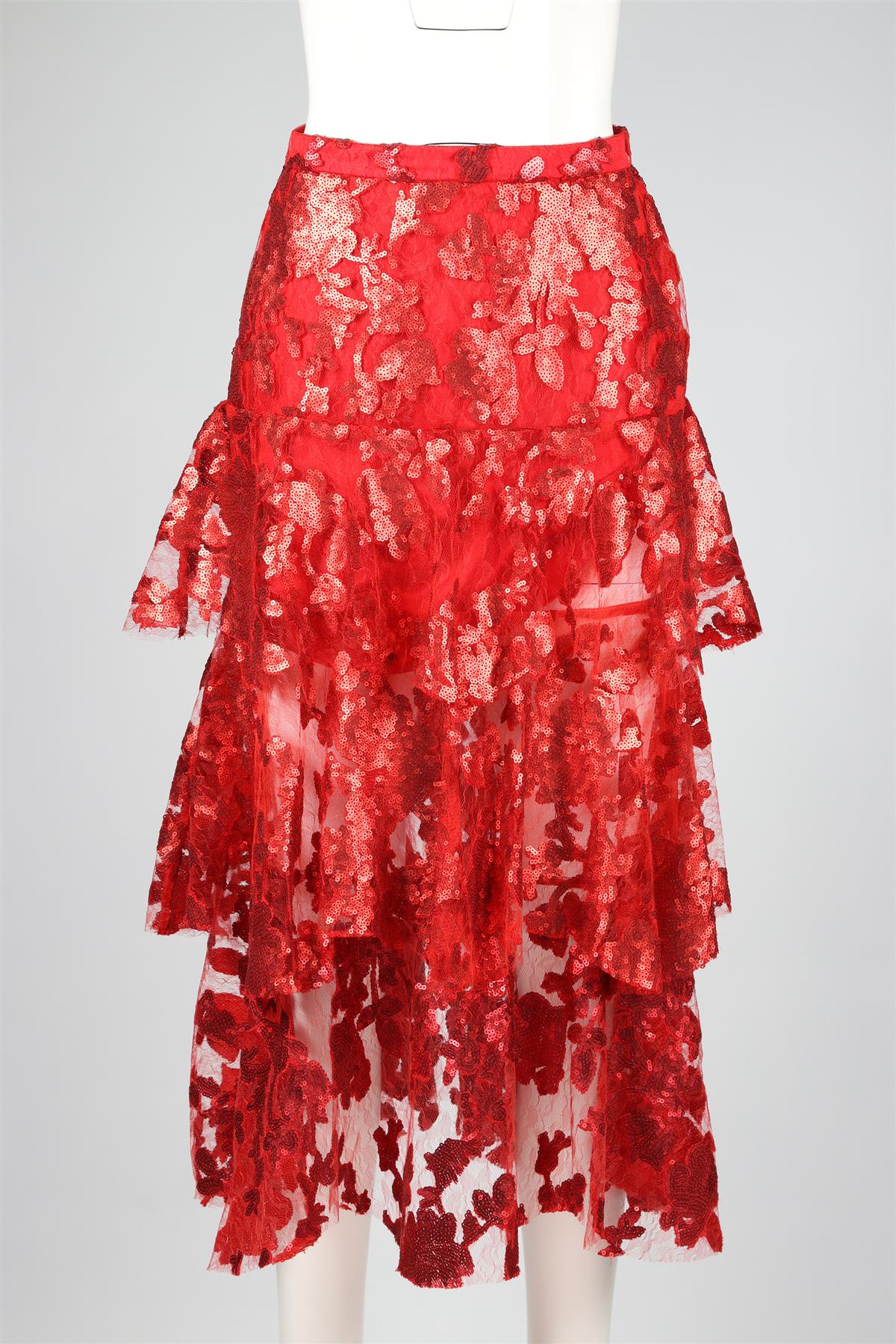 RODARTE RED SEQUIN AND LACE MIDI SKIRT US 6 UK 10