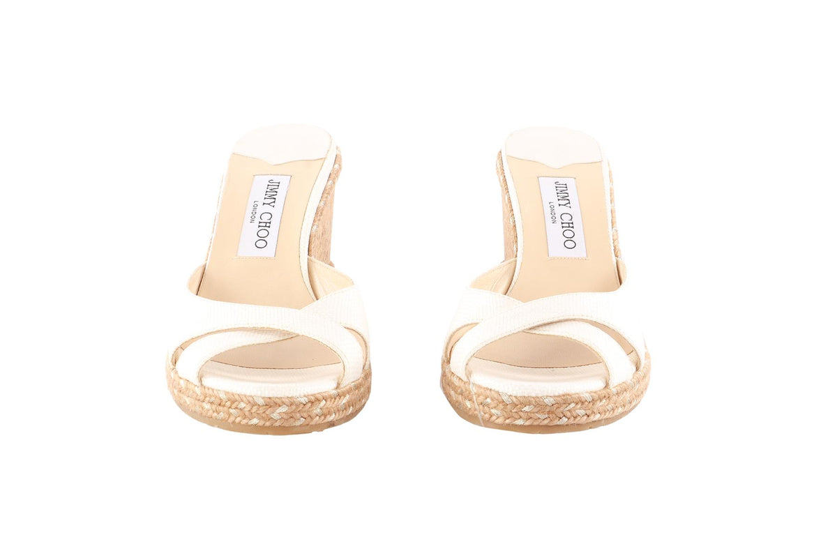 JIMMY CHOO WHITE RAFFIA WEDGE MULES EU 39 UK 6 US 9