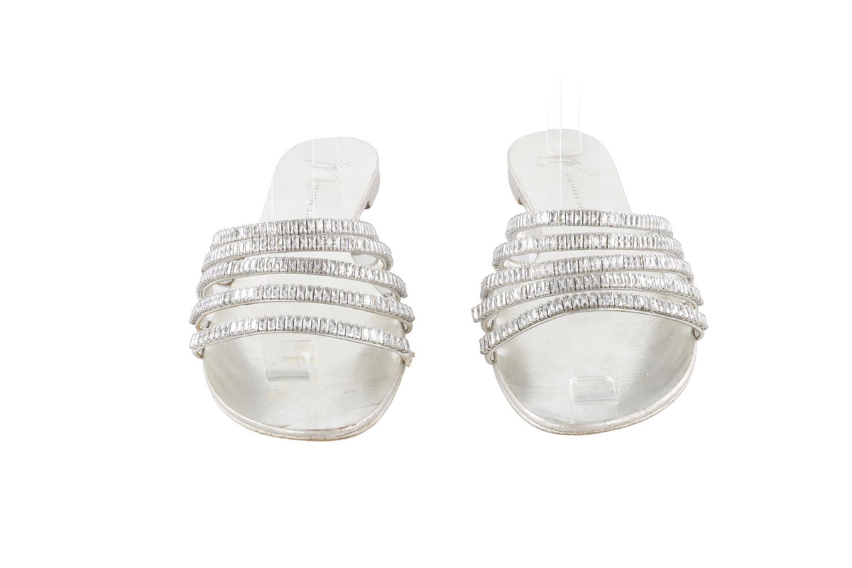 GIUSEPPE ZANOTTI SILVER CRYSTAL AND LEATHER SANDALS EU 39 UK 6 US 9