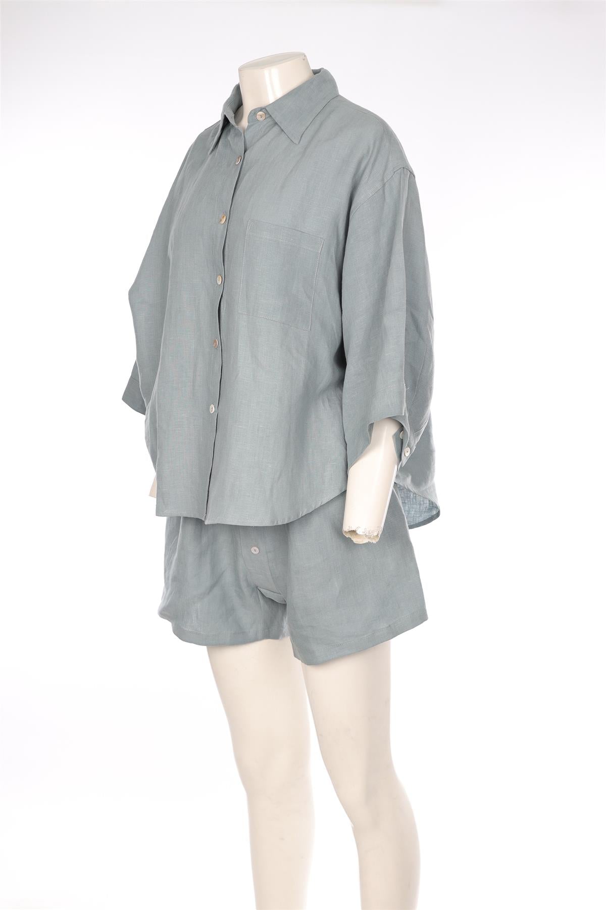 DEIJI STUDIOS BLUE LINEN SHORTS AND TOP SET SMALL-MEDIUM