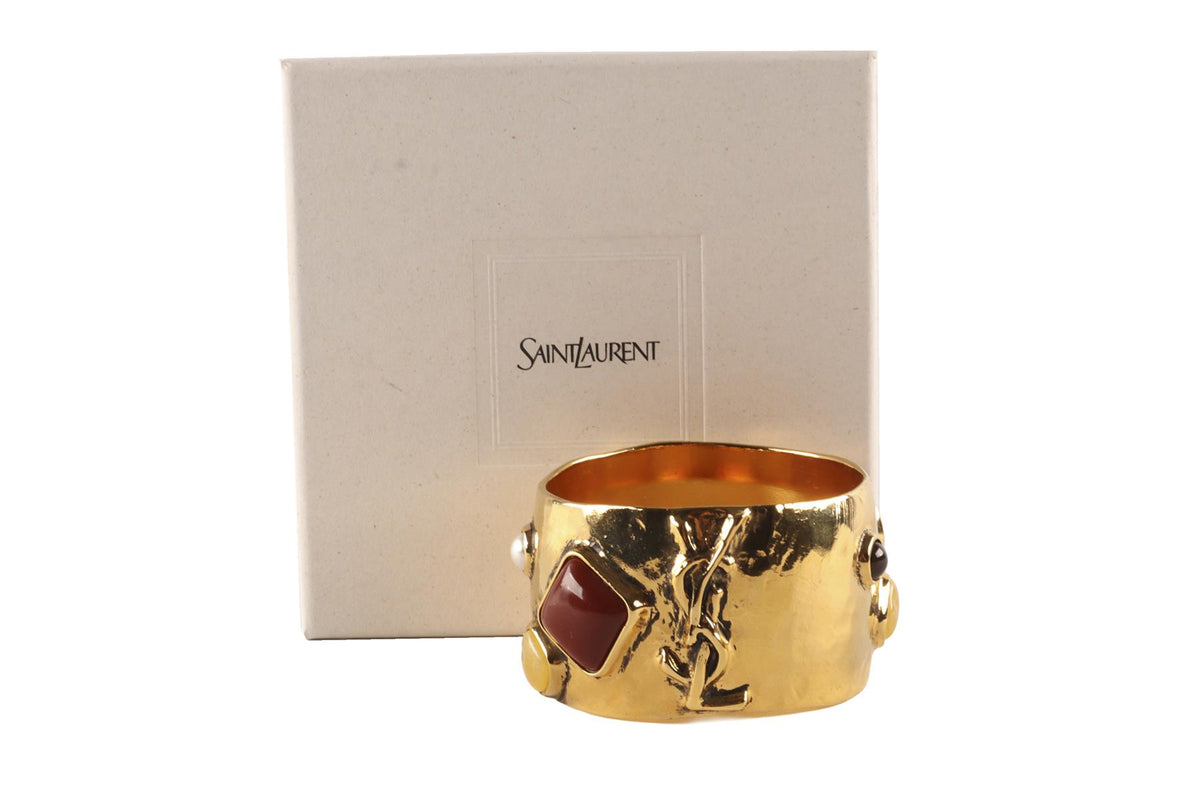 SAINT LAURENT MULTI CASSANDRE CABOCHON GOLD TONE SET OF THREE BANGLES