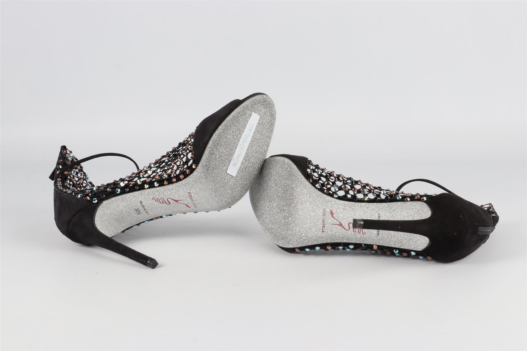 RENE CAOVILLA BLACK GALAXIA CRYSTAL AND SUEDE SANDALS EU 38.5 UK 5.5 US 8.5