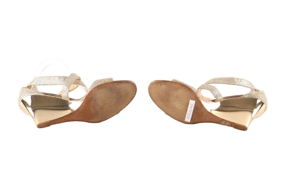 JIMMY CHOO GOLD FABRIC WEDGE SANDALS EU 38.5 UK 5.5 US 8.5