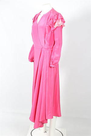 PREEN BY THORNTON BREGAZZI PINK SILK MAXI WRAP DRESS LARGE