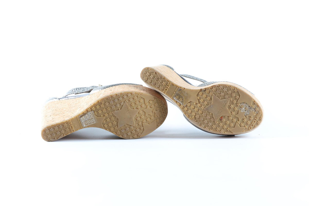 JIMMY CHOO SILVER LEATHER WEDGE SANDALS EU 38.5 UK 5.5 US 8.5