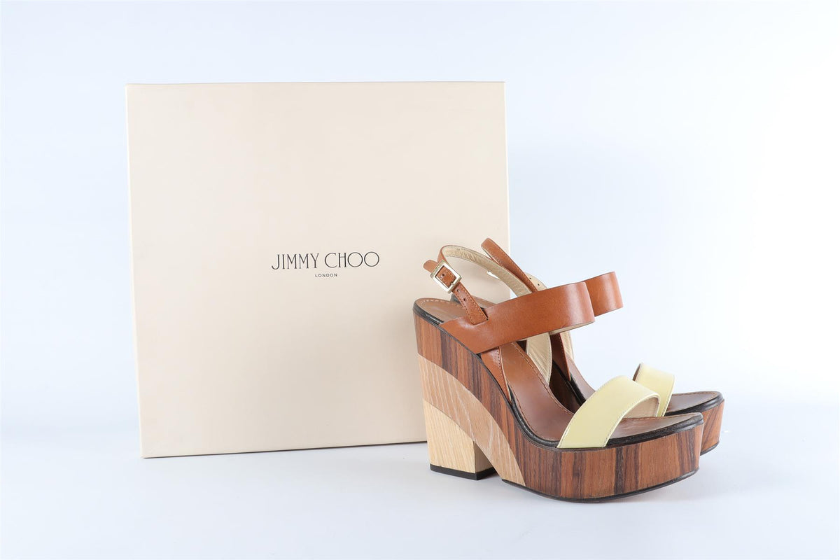 JIMMY CHOO BROWN LEATHER WEDGE SANDALS EU 38.5, UK 5.5, US 8.5