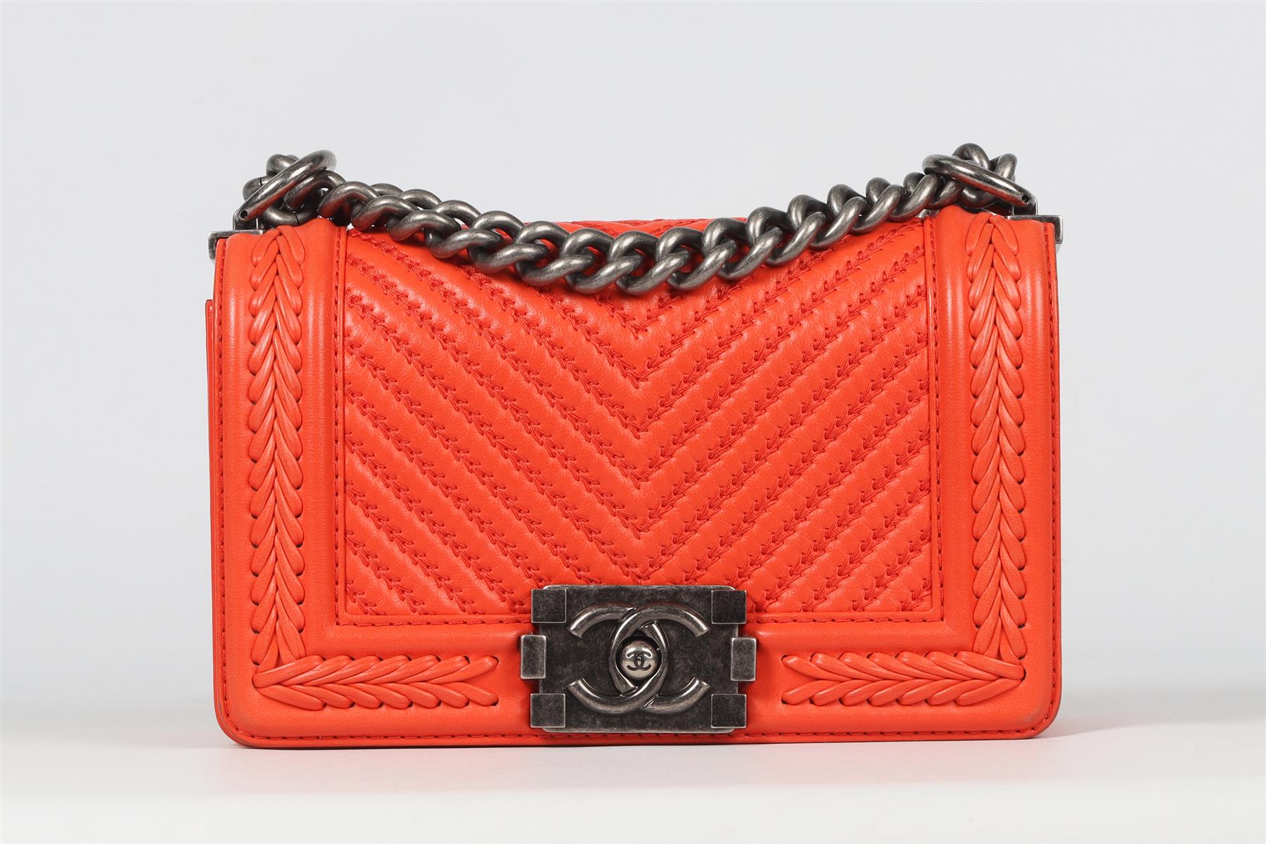 CHANEL ORANGE 2017 BOY SMALL CHEVRON LEATHER SHOULDER BAG