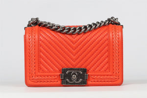 CHANEL ORANGE 2017 BOY SMALL CHEVRON LEATHER SHOULDER BAG