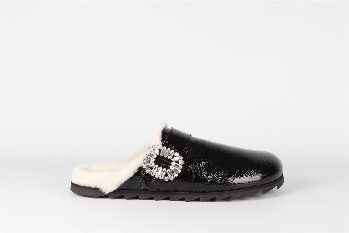 ROGER VIVIER BLACK CRYSTAL AND PATENT LEATHER SLIPPERS EU 40 UK 7 US 10