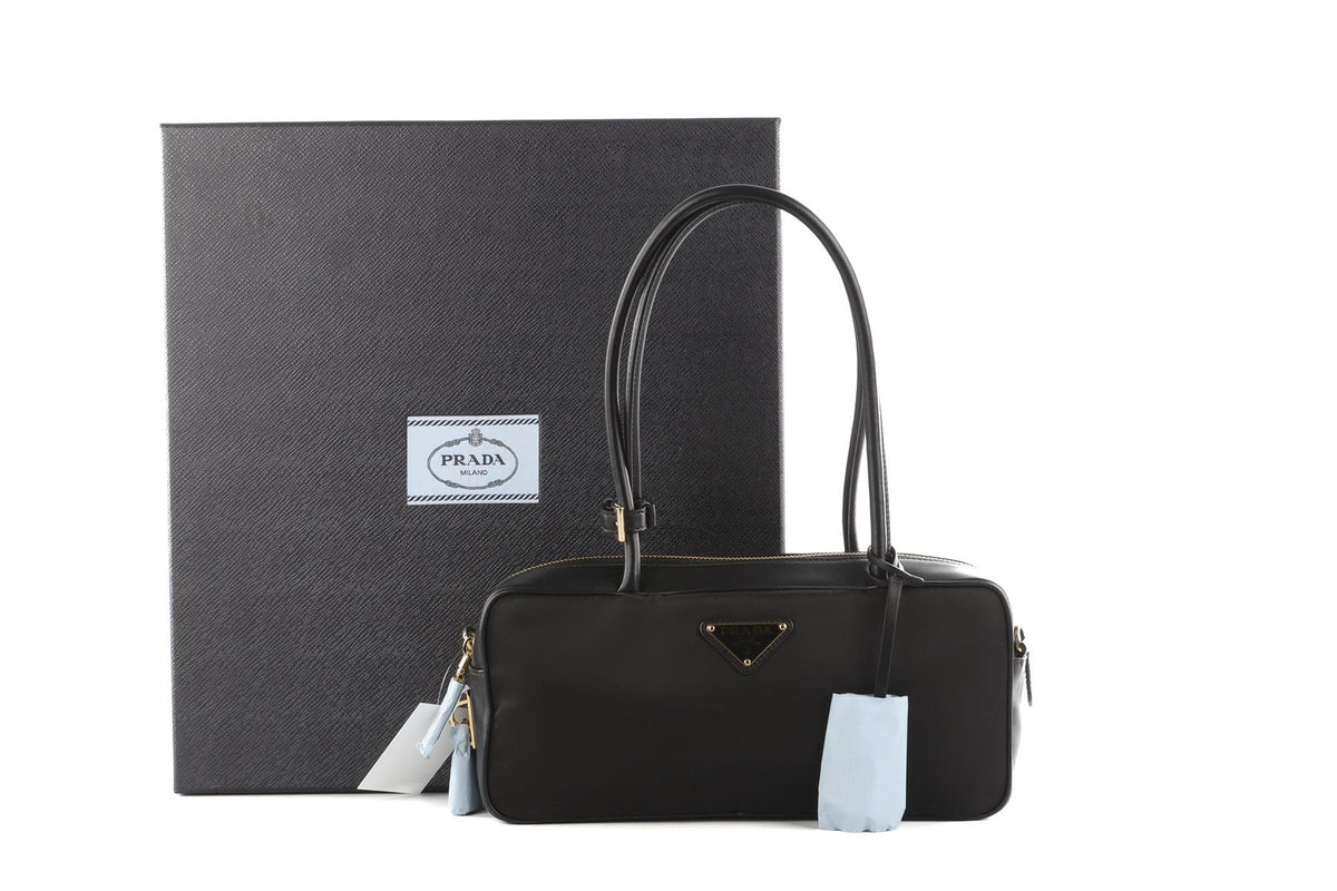 PRADA BLACK RE-NYLON LEATHER AND NYLON SHOULDER BAG