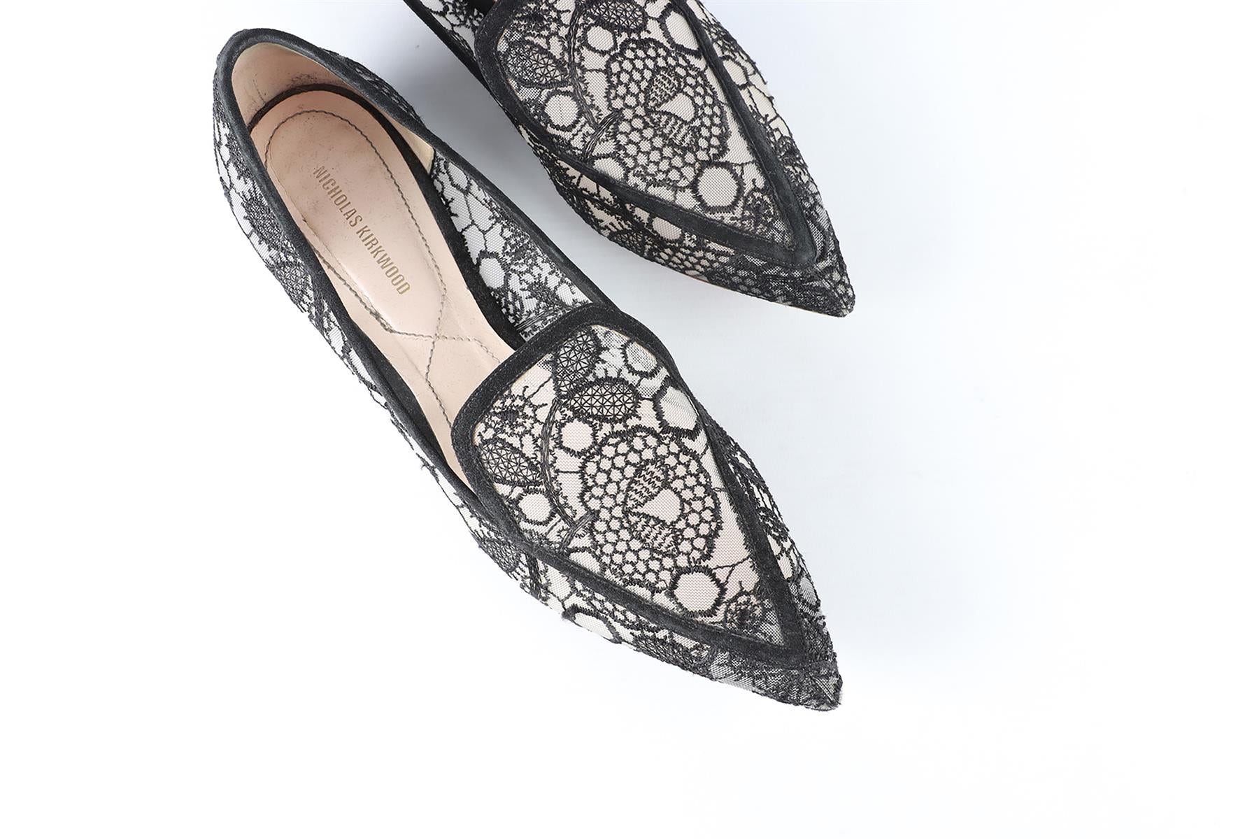 NICHOLAS KIRKWOOD BLACK LACE AND LEATHER BALLERINA FLATS EU 39 UK 6 US 9