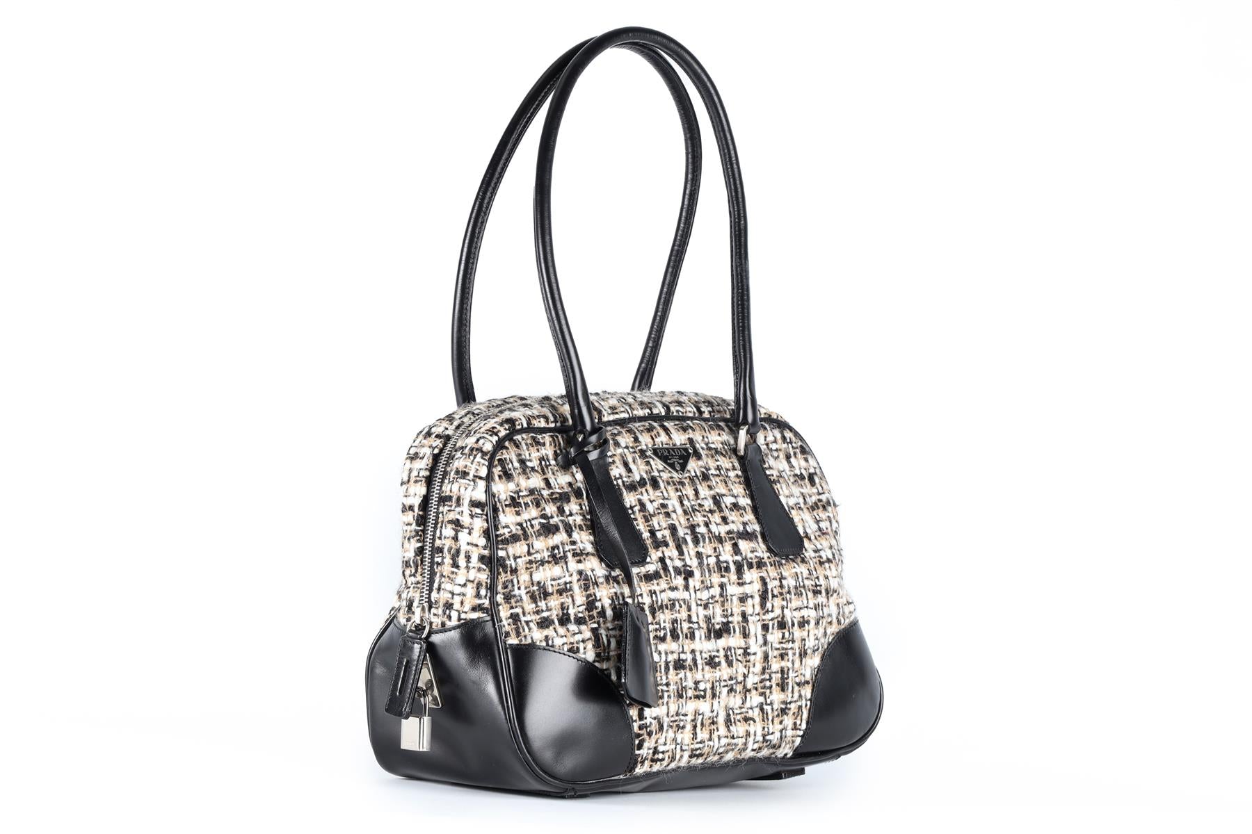 PRADA BLACK TWEED AND LEATHER SHOULDER BAG