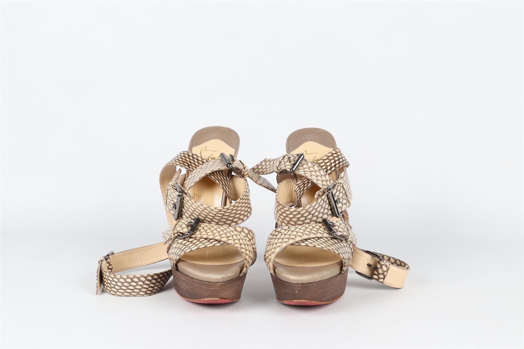 CHRISTIAN LOUBOUTIN TAUPE SNAKESKIN PLATFORM SANDALS EU 38 UK 5 US 8