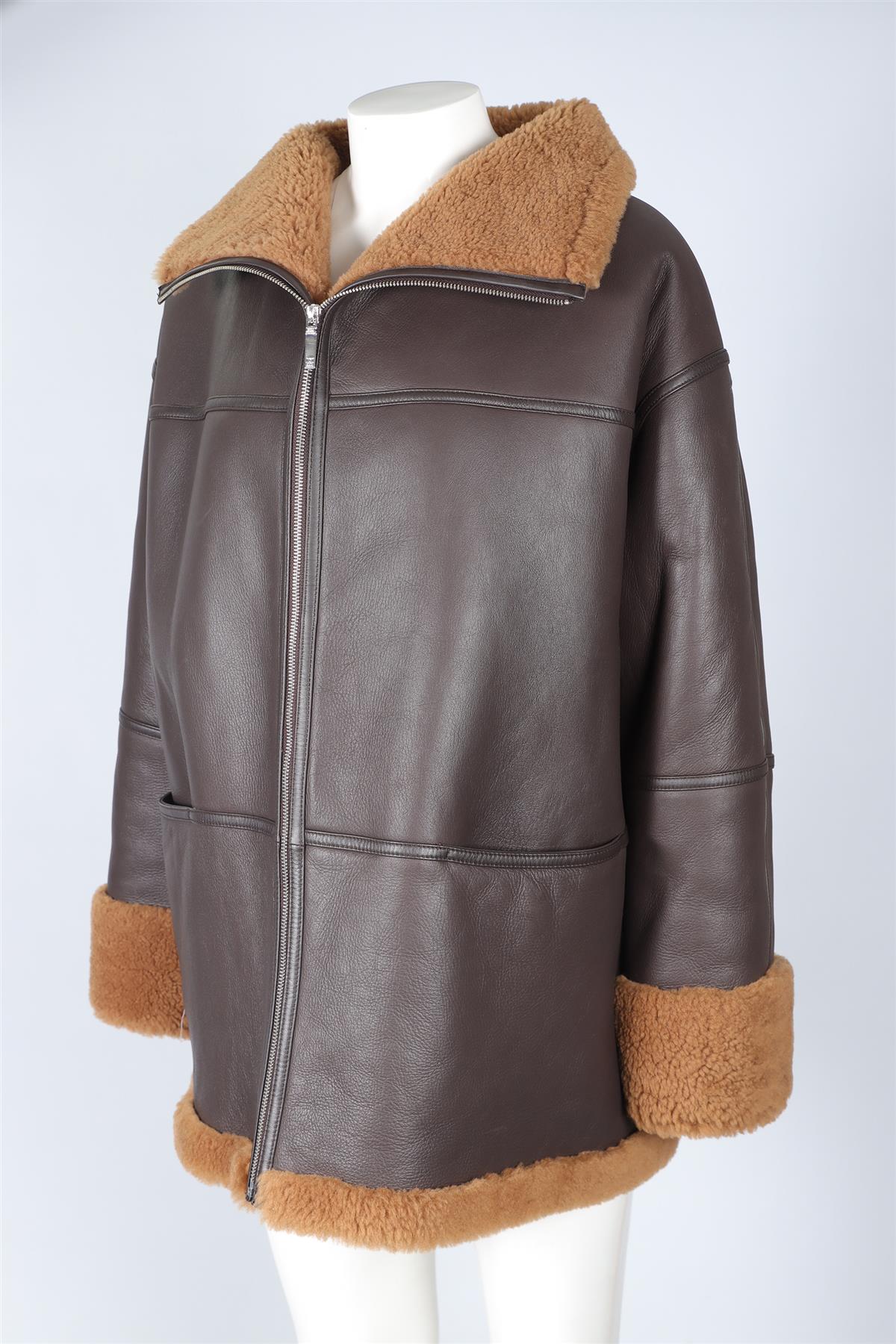 TOTEME BROWN SHEARLING AND LEATHER JACKET XS-SMALL