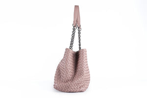 BOTTEGA VENETA PINK DOUBLE CHAIN MEDIUM INTRECCIATO LEATHER TOTE BAG