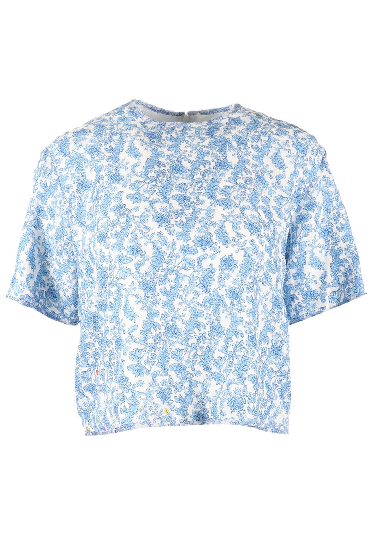 PREEN BY THORNTON BREGAZZI BLUE AND WHITE SILK BLEND TOP SMALL