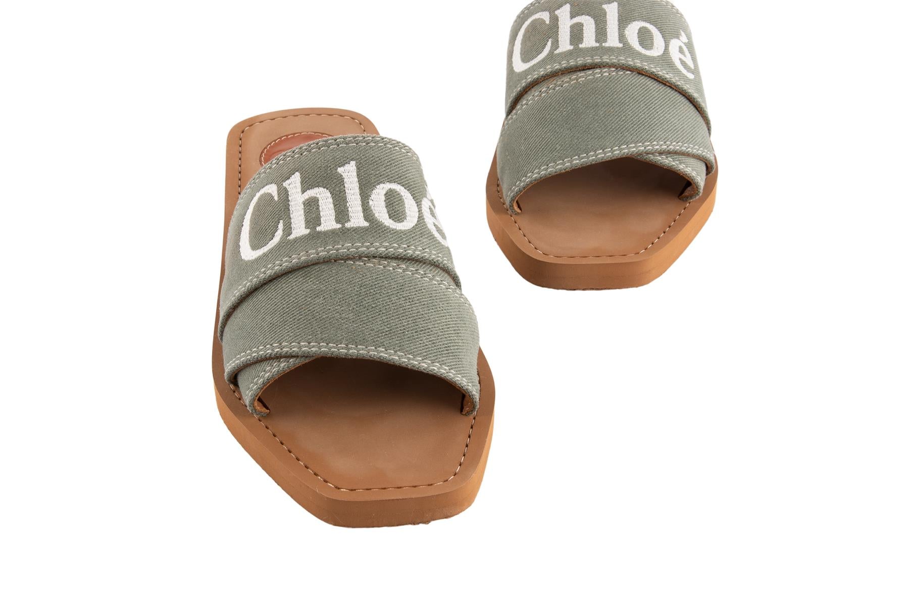 CHLOÉ GREEN WOODY CANVAS SANDALS EU 37