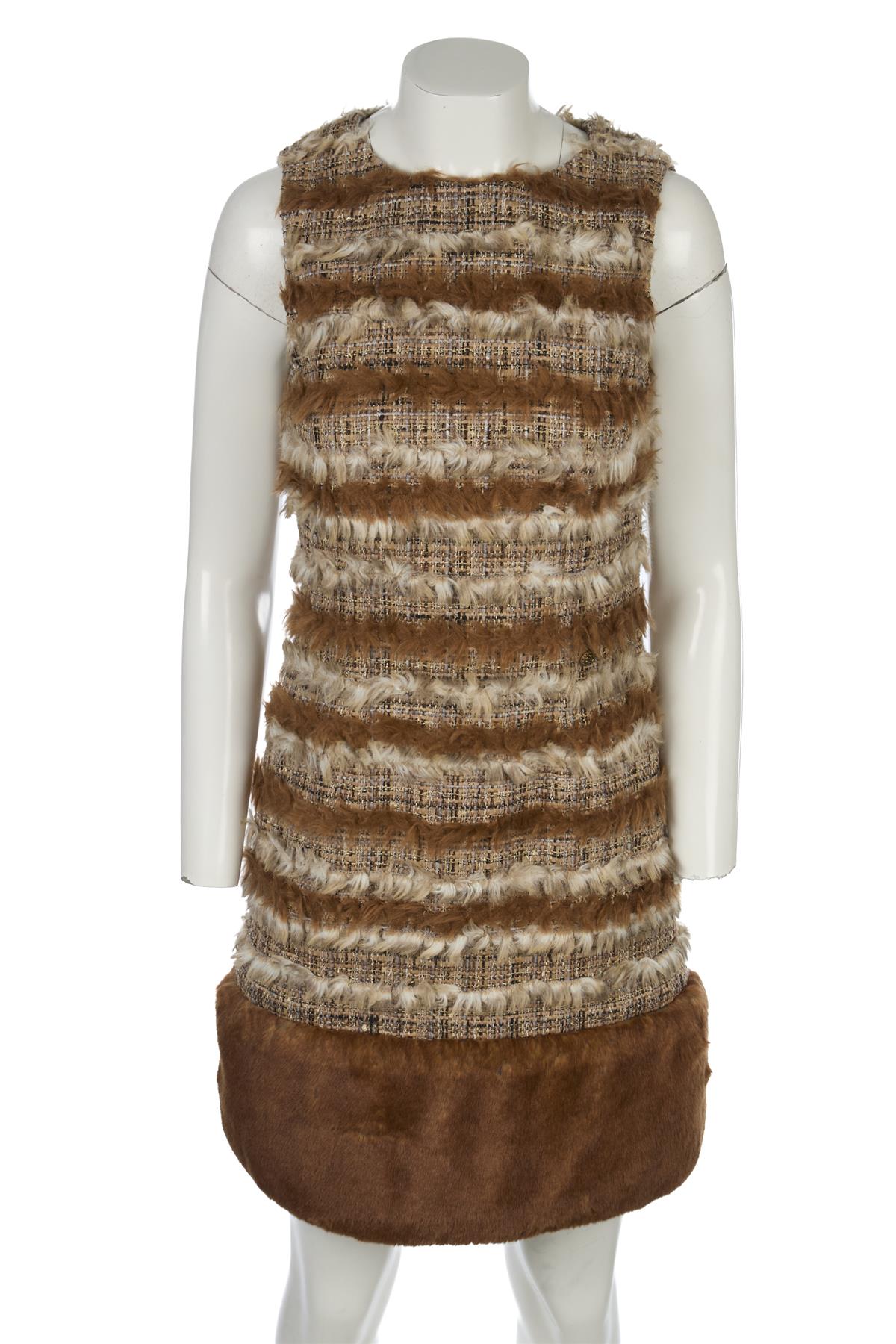 CHANEL BROWN 2010 FAUX FUR AND TWEED MINI DRESS FR 38 UK 10