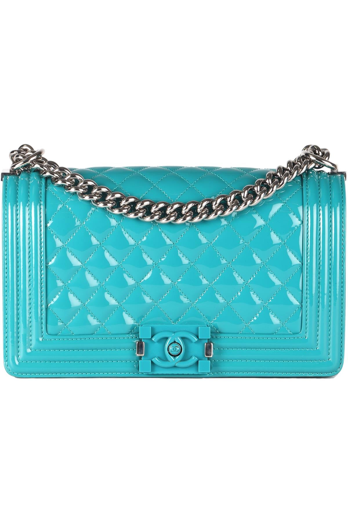 CHANEL TEAL 2015 BOY MEDIUM QUILTED PATENT LEATHER SHOULDER BAG