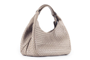 BOTTEGA VENETA GREY CAMPANA MEDIUM INTRECCIATO LEATHER SHOULDER BAG