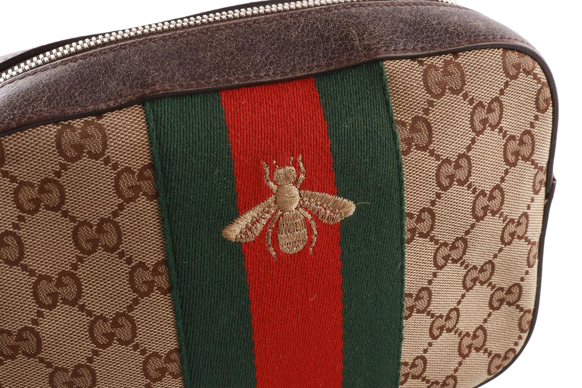 BROWN WEBBY BEE GG CANVAS SHOULDER BAG