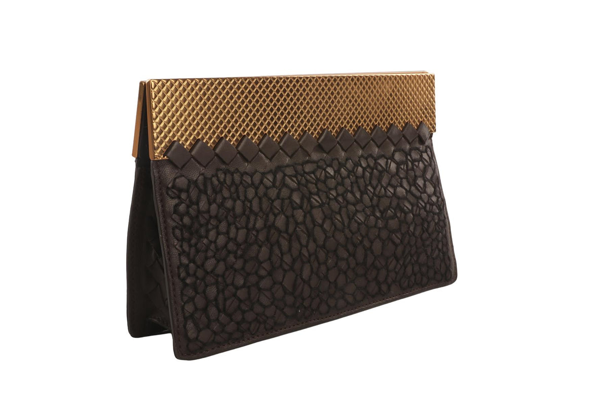 BOTTEGA VENETA BROWN INTRECCIATO LEATHER CLUTCH