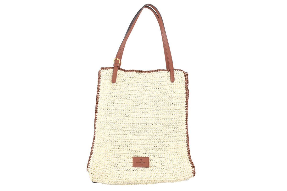 ANYA HINDMARCH CREAM CORN FLAKES RAFFIA TOTE BAG
