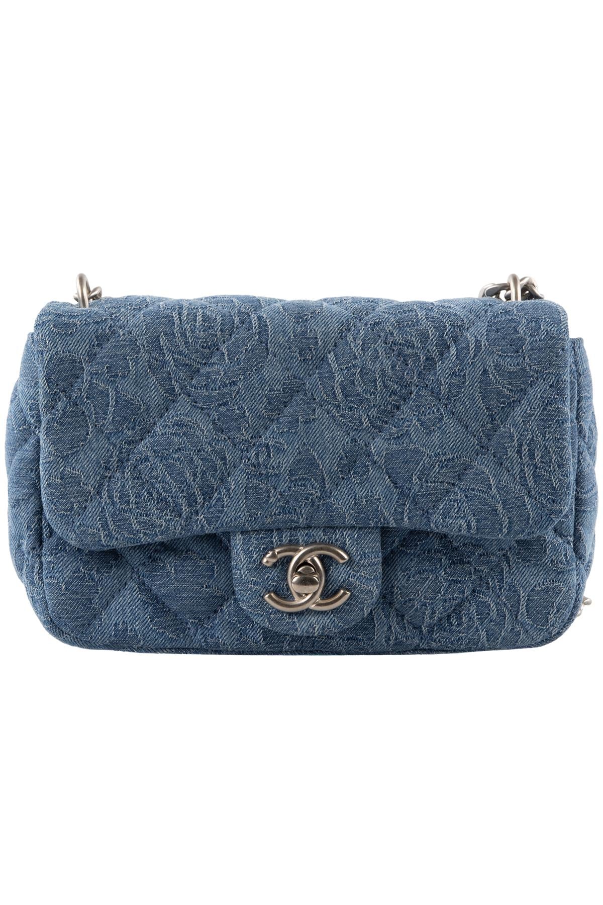 CHANEL BLUE 2023 CAMELLIA SWEETHEART FLAP SMALL QUILTED DENIM SHOULDER BAG