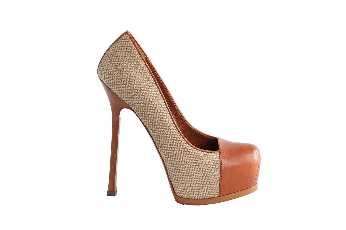 YVES SAINT LAURENT TAN CANVAS PLATFORM PUMPS EU 38.5 UK 5.5 US 8.5