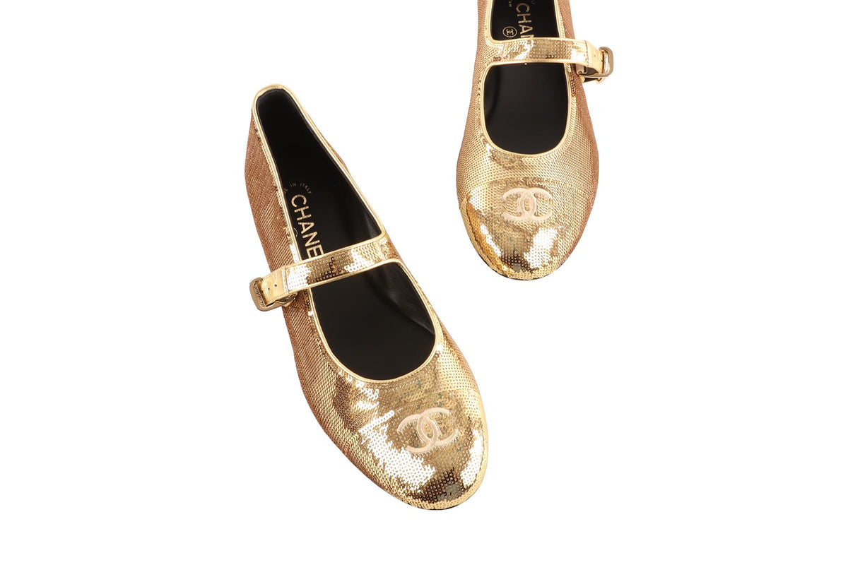CHANEL GOLD 2025 SEQUIN FLATS EU 40 UK 7 US 10