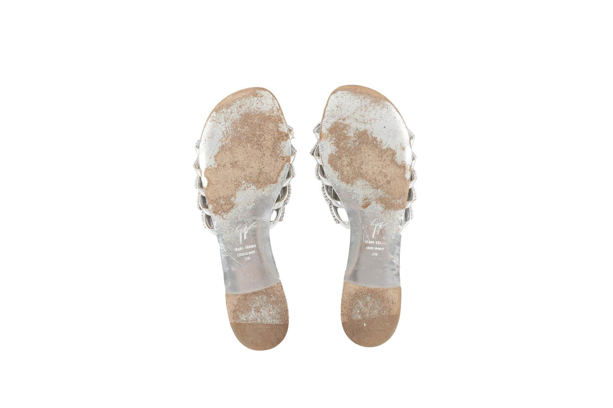 GIUSEPPE ZANOTTI SILVER CRYSTAL AND LEATHER SANDALS EU 39 UK 6 US 9