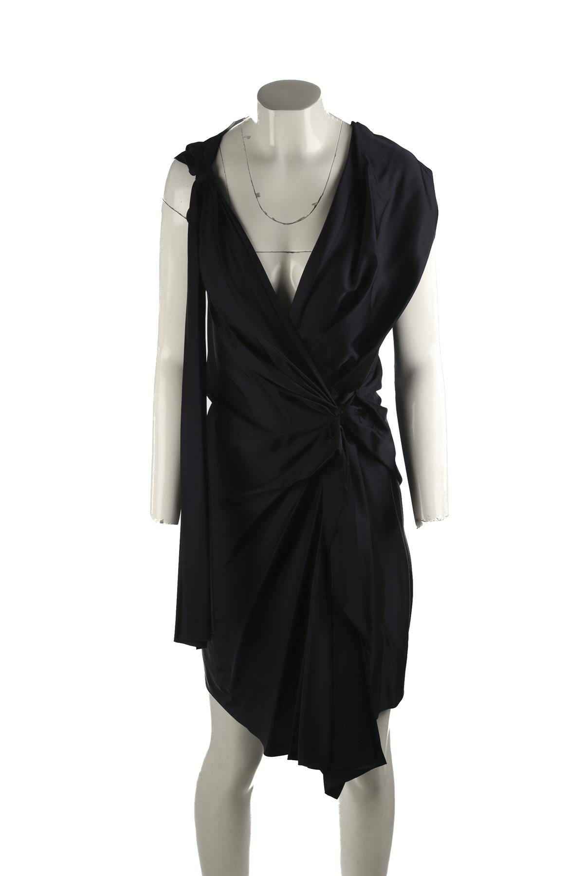 LANVIN NAVY 2011 SATIN MIDI DRESS FR 36 UK 8