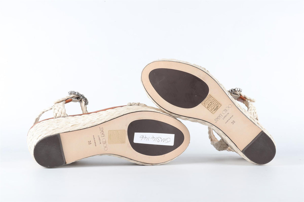 JIMMY CHOO BEIGE RAFFIA WEDGE SANDALS EU 38 UK 5 US 8