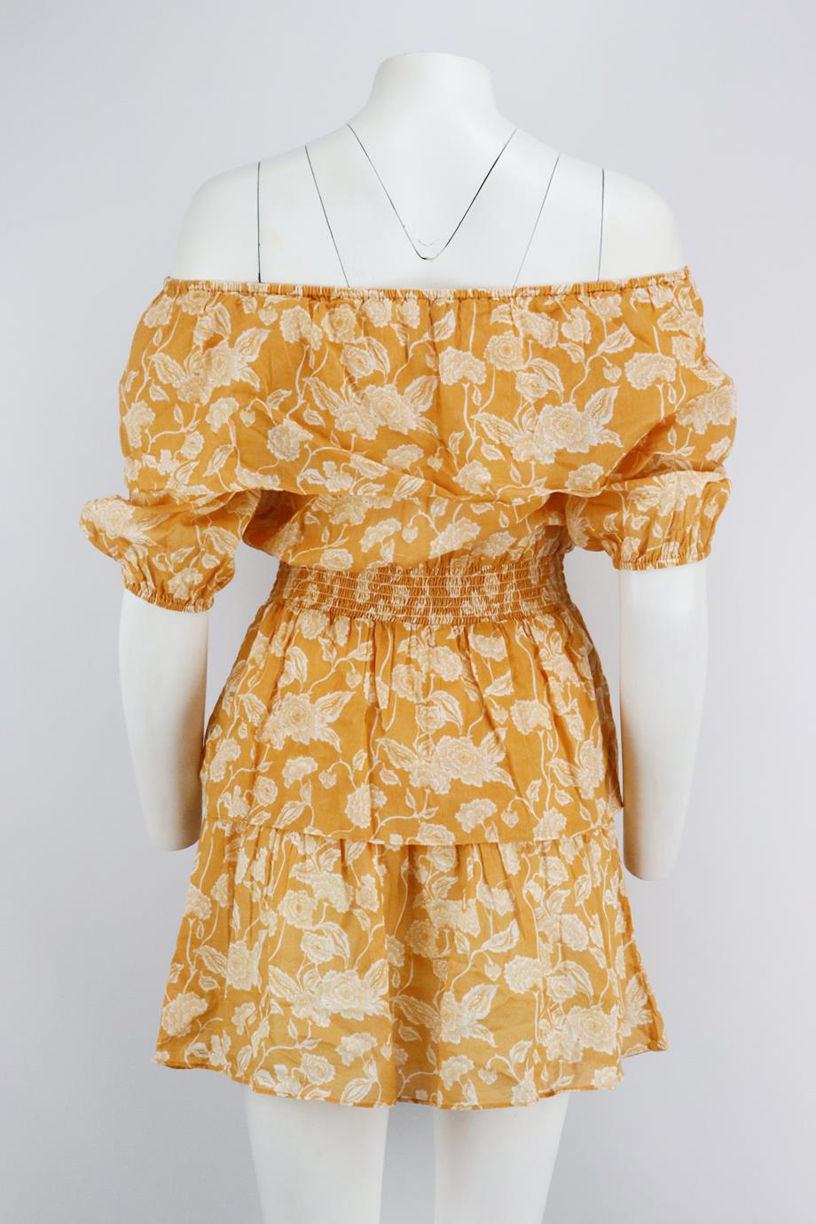 MIGUELINA OFF THE SHOULDER SHIRRED FLORAL PRINT COTTON MINI DRESS SMALL