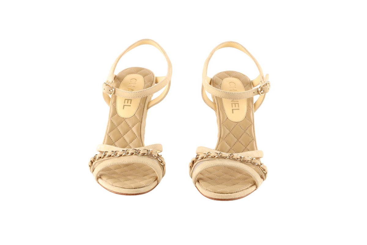 CHANEL BEIGE 2021 SUEDE WEDGE SANDALS EU 39 UK 6 US 9