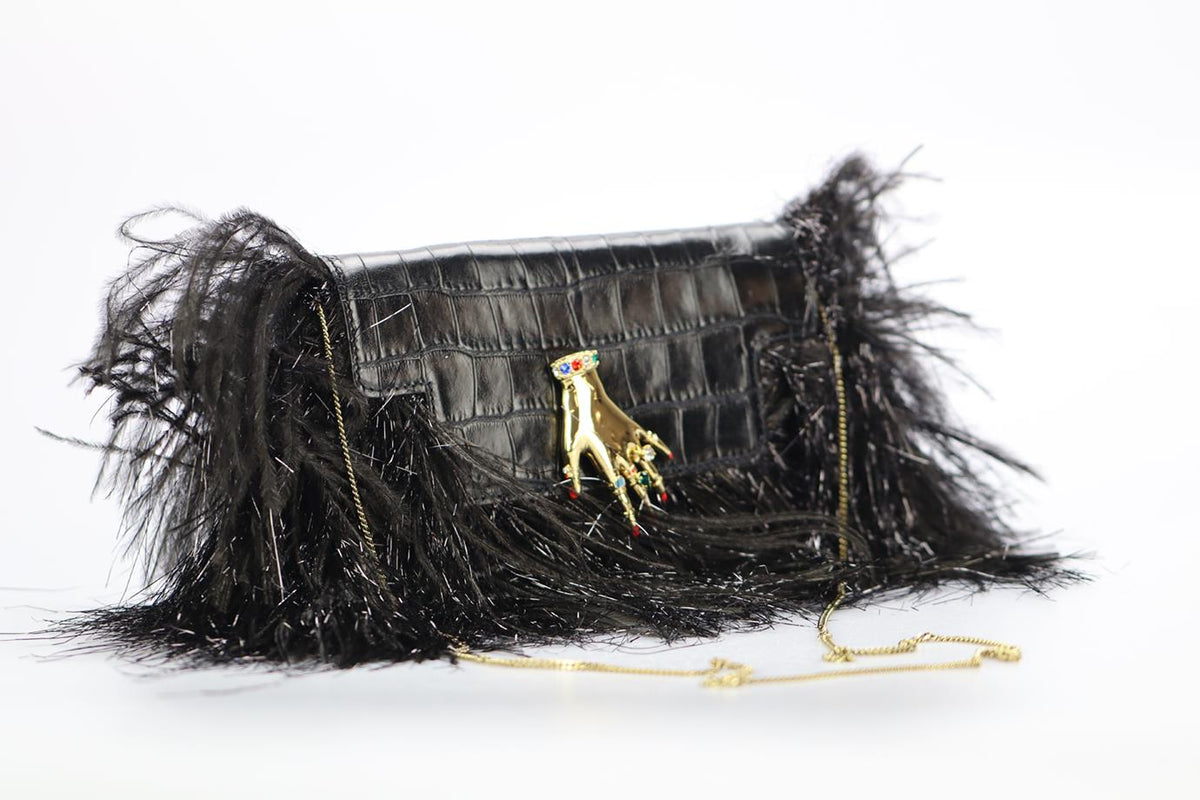 SONIA RYKIEL FEATHER TRIMMED CROC EFFECT LEATHER CLUTCH