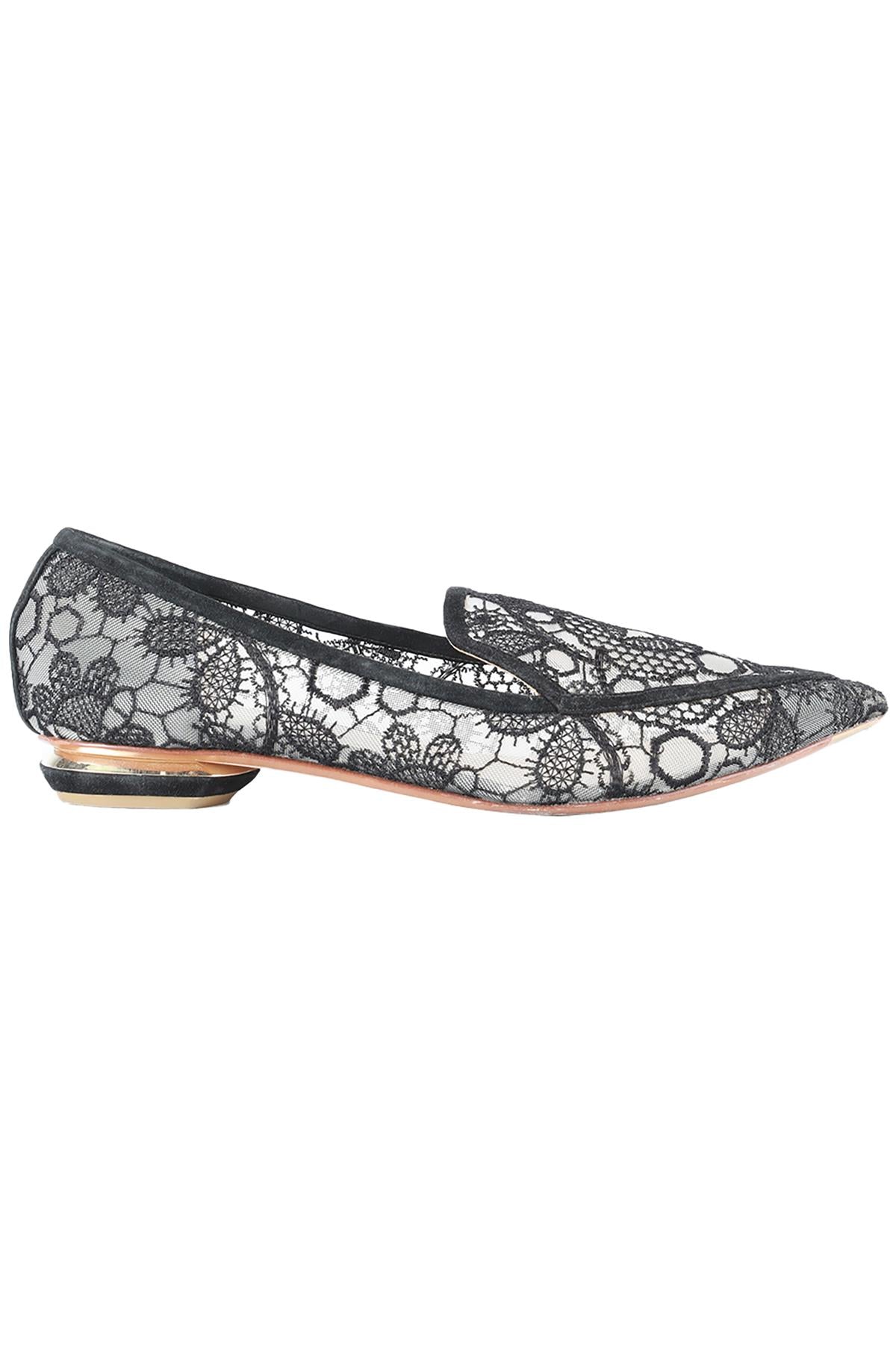NICHOLAS KIRKWOOD BLACK LACE AND LEATHER BALLERINA FLATS EU 39 UK 6 US 9