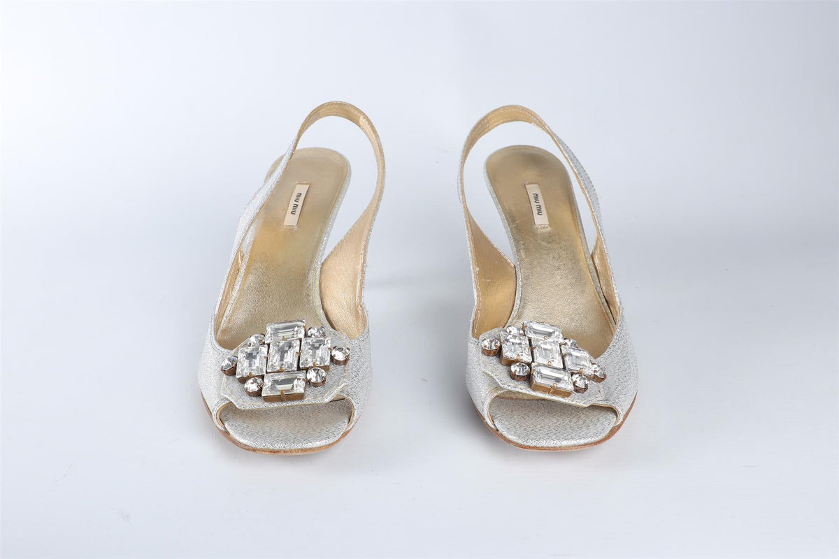MIU MIU SILVER CRYSTAL AND LEATHER SLINGBACK SANDALS EU 36.5 UK 3.5 US 6.5
