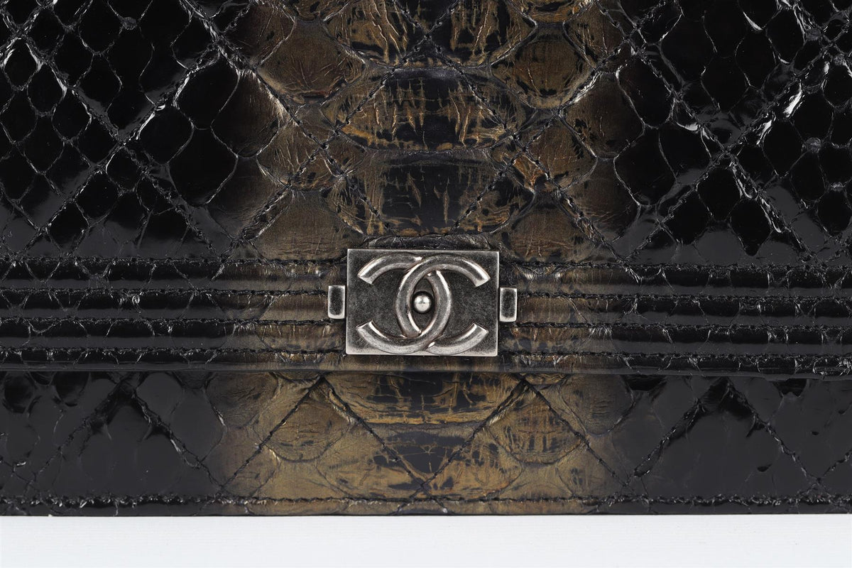 CHANEL BLACK 2014 BOY WALLET ON CHAIN PYTHON SHOULDER BAG