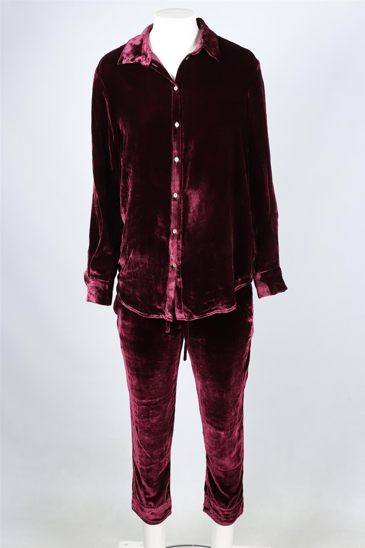 ASCENO BURGUNDY VELVET SHIRT AND TROUSERS SET XSMALL