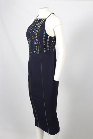 DAVID KOMA NAVY CRYSTAL AND CREPE MAXI DRESS UK 8