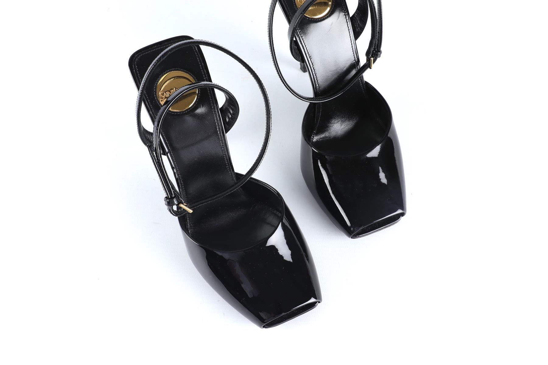 SAINT LAURENT BLACK LA SCANDALE PATENT LEATHER SANDALS EU 38.5 UK 5.5 US 8.5