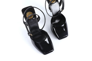SAINT LAURENT BLACK LA SCANDALE PATENT LEATHER SANDALS EU 38.5 UK 5.5 US 8.5